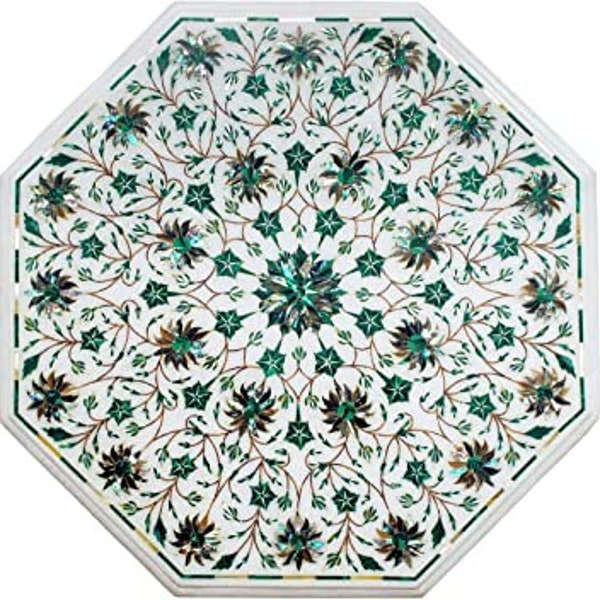 White Marble Dining Table Top Malachite Stone Floral Inlay Marquetry Art Precious Gemstone Countertop Hallway and Outdoor Garden Decorative
