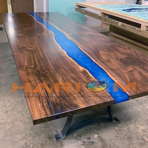 Blue Epoxy Resin Dining Table Handcrafted Luxury Furniture with Walnut Accents for Elegant Hallway Decors