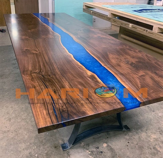 Handmade Walnut River Table: Blue Epoxy Resin, Live Edge Wood