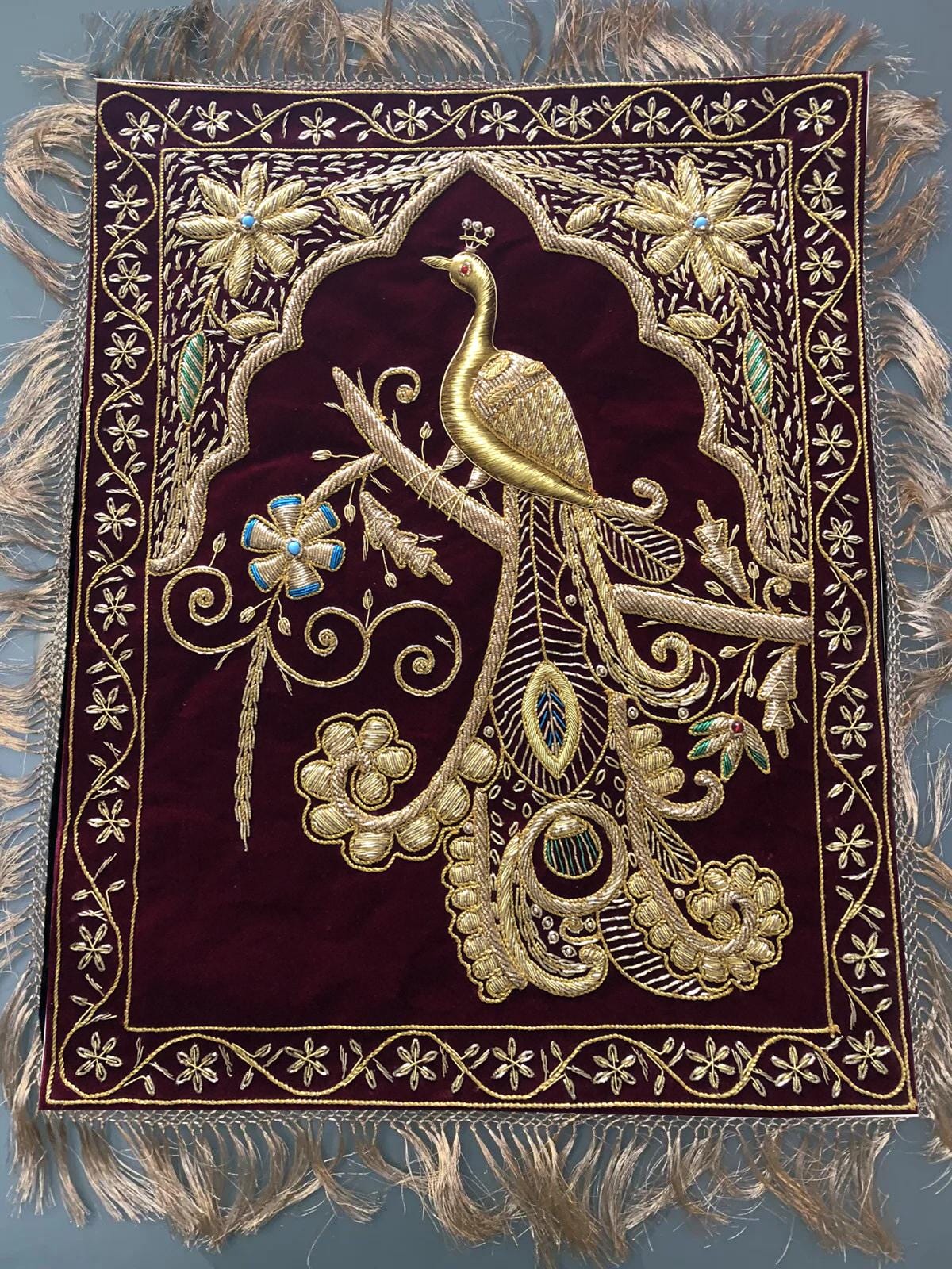 Zardozi Peacock Embroidery Tapestry: Handcrafted Velvet Wall