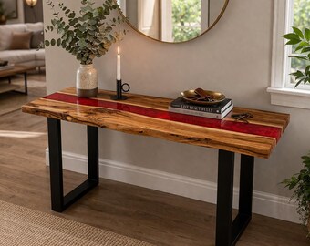 Consola de río de resina epoxi con borde natural – Mesa auxiliar de entrada de madera y resina roja – Pasillo de estilo industrial moderno