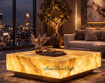 Blue Onyx Coffee Table LED Backlit Luxury Stone Table 60x60 Handmade