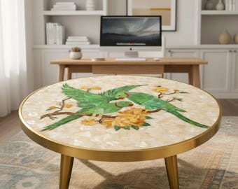 Handmade Mother of Pearl Coffee Table: Parrot Art Inlay, Gold Legs, Balcony Decor