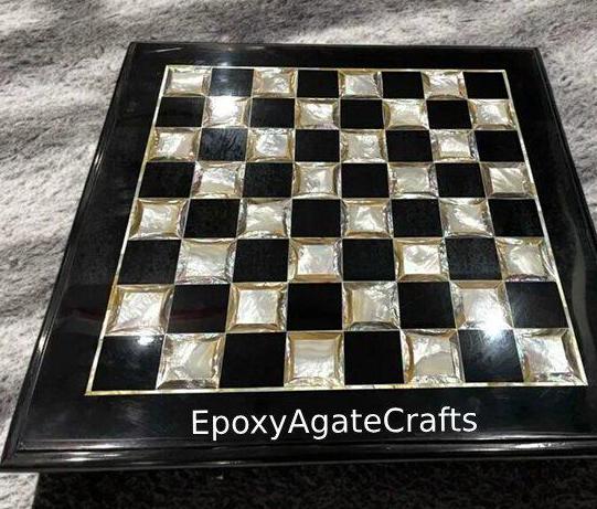 黒大理石のチェステーブルトップ：マザーオブパールの象嵌細工、手作り