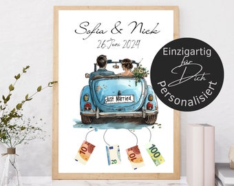 May include: A framed watercolor print featuring a light blue vintage car with a couple inside, labeled "Just Married." The print includes the names "Sofia & Nick" and the date "26. Juni 2024," with Euro banknotes attached.