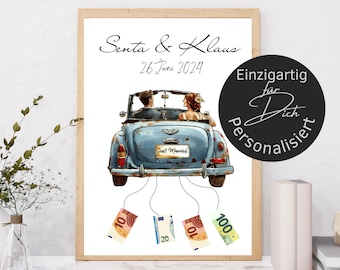 May include: A blue vintage car with a "Just Married" license plate, driven by a couple, with money bills tied to the back. The image has the text "Senta & Klaus 26. Juni 2024" and a circle with the text "Einzigartig für Dich Personalisiert".
