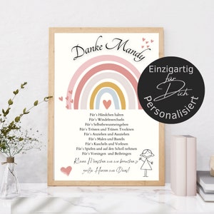 Abschiedsgeschenk personalisiert Erzieherin | Poster Kita Kindergarten | Geschenk Urkunde Danke Regenbogen rosa weiß | Digitaler Download