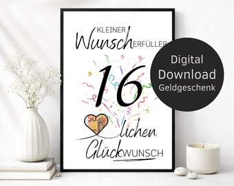 Money Gift 16th Birthday Wish Fulfiller – Digital Download | Creative DIY Birthday Gift & Last Minute Present