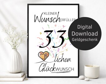 Money Gift 33th Birthday Wish Fulfiller – Digital Download | Creative DIY Birthday Gift & Last Minute Present