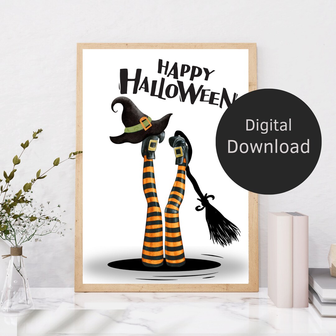 Halloween Poster Witch Legs With Broom and Witch Hat | Print Wall ...
