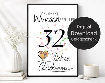Money Gift 32th Birthday Wish Fulfiller – Digital Download | Creative DIY Birthday Gift & Last Minute Present