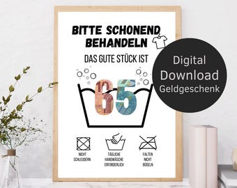 Wasvoorschriften voor een geldcadeau voor een 65e verjaardag | Creatief doe-het-zelf verjaardagscadeau-idee | Lastminutecadeau | Digitale download