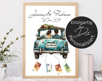May include: A watercolor illustration of a blue car with a "Just Married" sign, decorated with flowers, and a bride and groom inside. The car is pulling money with strings attached to the back bumper. The text "Lenny & Fabian 26. June 2024" is at the top of the image. The text "Einzigartig für Dich Personalisiert" is in a circle on the right side of the image.