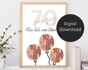 70th birthday money gift | Gift for man and woman to print out yourself | Digital download