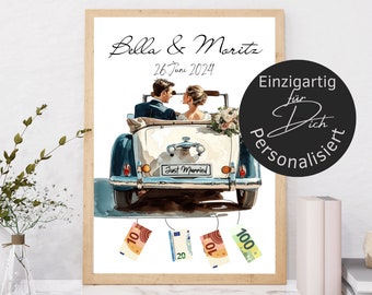 Auto con foto regalo di nozze personalizzato | Poster regalo di nozze personalizzato con denaro | Regalo di nozze per coppia appena sposata | Download digitale