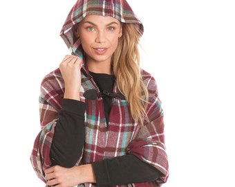 Central Chic Burgendy Tartan Blanket Wrap Poncho Shawl With Duffel Button Feature One Size S-M (UK 8-14)