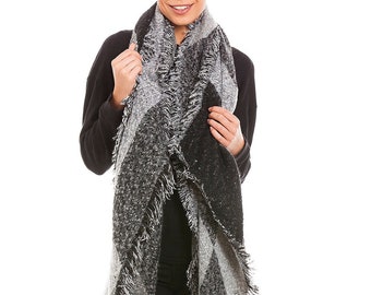 Womens Large Black & Grey Tartan Scarf Shawl Blanket Wrap Checked Design - Super Soft and Cosy