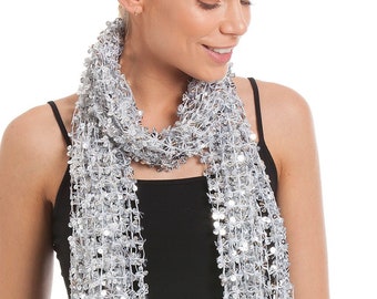 Black Floral Triangle Shawl Sparkly Sequin Silver Beaded Short Scarf Tassels