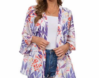 Central Chic Tropical Print Beach Kimono Cardigan Summer Cover Up Holiday Festival Large ONE SIZE Fits All Light Weight Chiffon (with Tie)