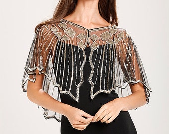 Vintage lentejuelas Capelet con cuentas chal bufandas boda noche nupcial Cape Flapper Gatsby 1920s fiesta de Navidad chal cubrir chal brillante