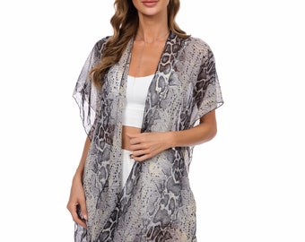 Central Chic Animal Snake Print Cardigan Kimono Summer Cover Up Holiday Festival Large ONE SIZE Fits All Light Weight Chiffon