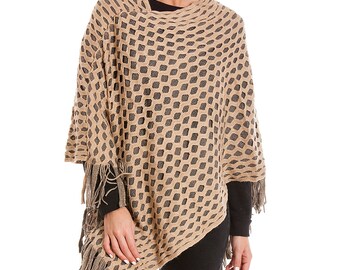 Central Chic Taupe Soft And Thick Winter Poncho Diamond Design One Size Fits S-M (UK 8-14)