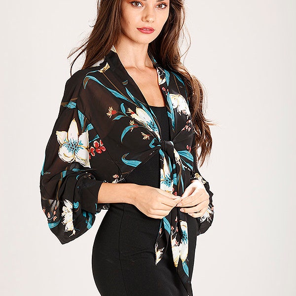 Central Chic Tied Cropped Chiffon Shrug Cropped Bell Sleeved Cardigan One Size Fits All