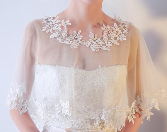 Handcrafted Wedding Ivory Lace Tulle Trim Bridal Shawl Wrap | Etsy UK