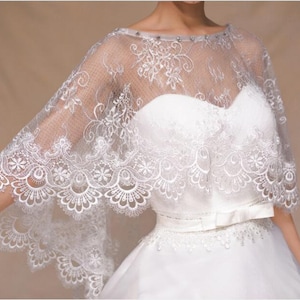 Handcrafted Wedding Dress Cover Ivory Lace Tulle Capelet Bridal Shawl Wrap Stole Shrug Bolero Jacket With Crystal Rhinestones image 6
