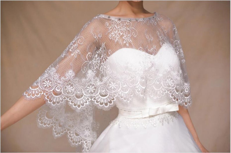 Handcrafted Wedding Dress Cover Ivory Lace Tulle Capelet Bridal Shawl Wrap Stole Shrug Bolero Jacket With Crystal Rhinestones image 6