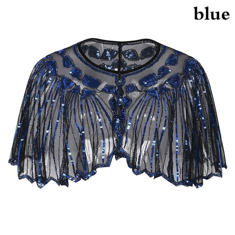 Vintage pailletten Capelet kralen sjaal sjaals bruiloft bruids avond Kaap Flapper Gatsby jaren 1920 kerstfeest sjaal cover-up sprankelende sjaal Blauw