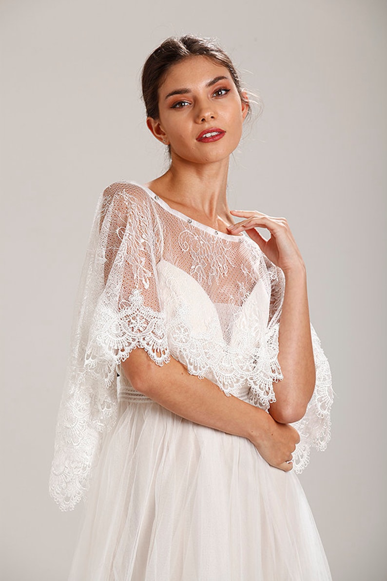 Handcrafted Wedding Dress Cover Ivory Lace Tulle Capelet Bridal Shawl Wrap Stole Shrug Bolero Jacket With Crystal Rhinestones image 2