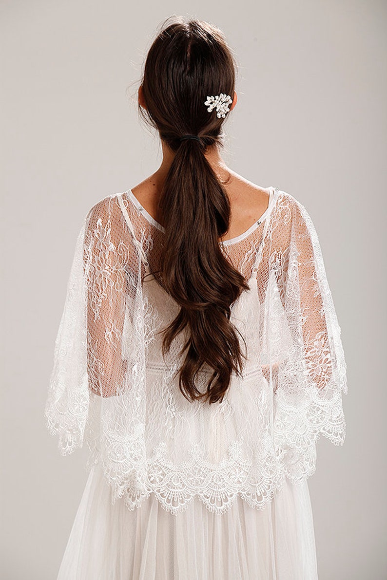 Handcrafted Wedding Dress Cover Ivory Lace Tulle Capelet Bridal Shawl Wrap Stole Shrug Bolero Jacket With Crystal Rhinestones image 7