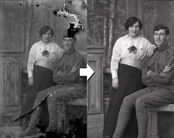 May include: A split-screen comparison showing a damaged black and white photograph on the left and a restored version on the right. The text TORN? STAINED? WE FIX IT. appears at the top. The image depicts a person standing and one sitting.