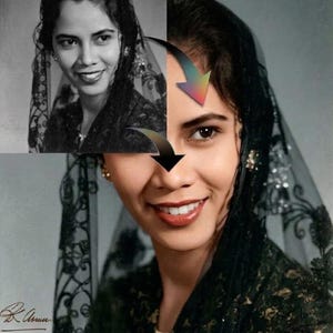 May include: A split-view portrait showing a black and white photograph transitioning into a colorized version of the same image. The subject wears a dark lace veil over dark hair and a dark patterned garment with gold-toned earrings.