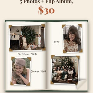 May include: A digital flip album display featuring four vintage photographs labeled Christmas 1920s, 1970, Summer 1967, and a second Christmas scene. The graphic includes the text Grand Opening: 5 Photos + Flip Album, $30 and HeirloomPhotoCare on Etsy.