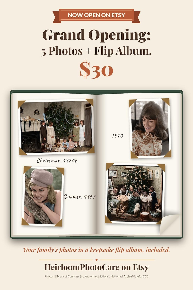 May include: A digital flip album display featuring four vintage photographs labeled Christmas 1920s, 1970, Summer 1967, and a second Christmas scene. The graphic includes the text Grand Opening: 5 Photos + Flip Album, $30 and HeirloomPhotoCare on Etsy.