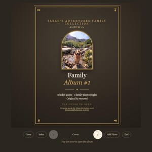 May include: A digital family photo album interface titled Sarah's Adventures Family Collection Album #1. It features an arched photo of a golden dog in a rocky landscape, text details about index pages, and navigation buttons at the bottom.