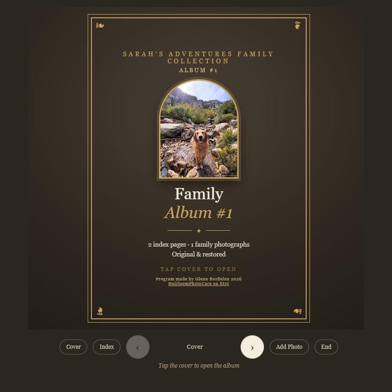 May include: A digital family photo album interface titled Sarah's Adventures Family Collection Album #1. It features an arched photo of a golden dog in a rocky landscape, text details about index pages, and navigation buttons at the bottom.