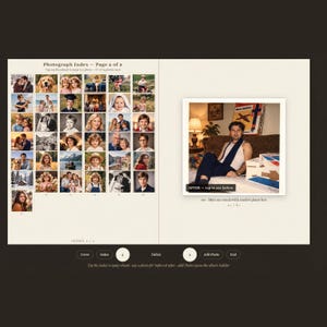 May include: A digital photograph index page displaying a grid of small portrait thumbnails on the left and a larger featured image on the right showing a person sitting on a couch with a model airplane box, labeled 01 - Man on couch with model-plane box.