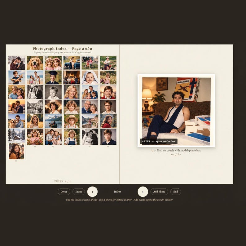 May include: A digital photograph index page displaying a grid of small portrait thumbnails on the left and a larger featured image on the right showing a person sitting on a couch with a model airplane box, labeled 01 - Man on couch with model-plane box.