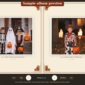 May include: A digital sample album preview page featuring two Halloween photographs. The left photo shows three children in costumes with orange buckets. The right photo shows a child in a cowboy costume. Text includes "Sample album preview".