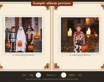 May include: A digital sample album preview page featuring two Halloween photographs. The left photo shows three children in costumes with orange buckets. The right photo shows a child in a cowboy costume. Text includes "Sample album preview".