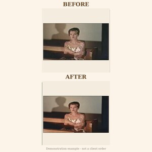 May include: A before and after comparison showing a person with short hair wearing a sleeveless floral dress with thin straps, seated on a wooden bench. The image features the text BEFORE and AFTER in brown, with a demonstration example note.