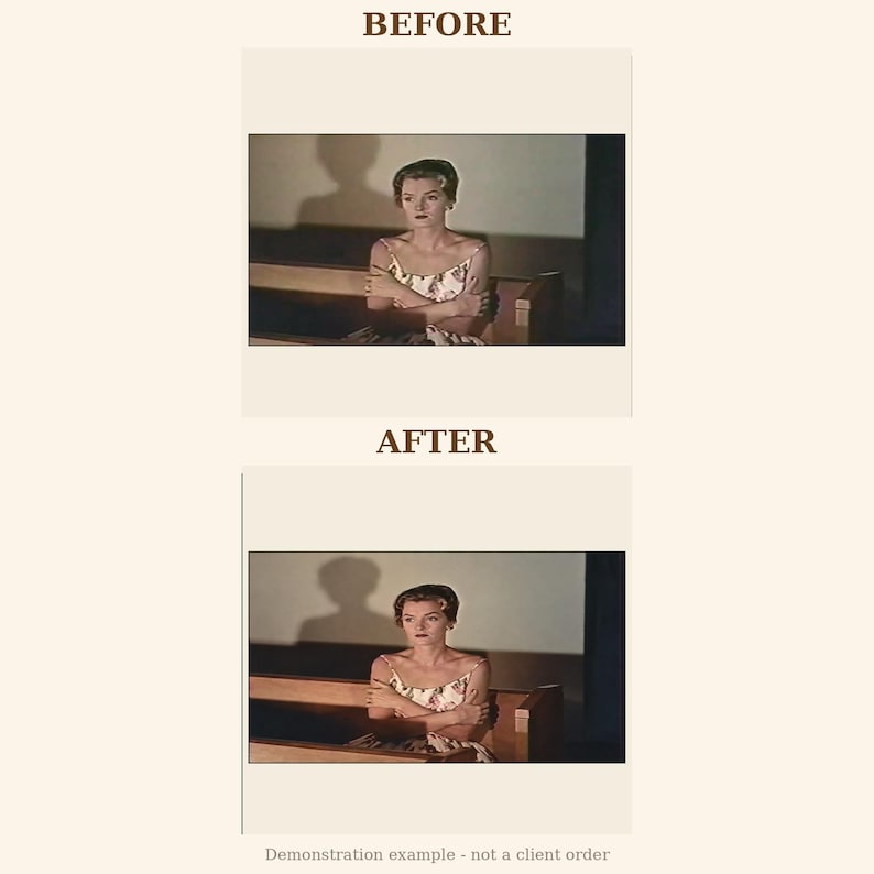 May include: A before and after comparison showing a person with short hair wearing a sleeveless floral dress with thin straps, seated on a wooden bench. The image features the text BEFORE and AFTER in brown, with a demonstration example note.