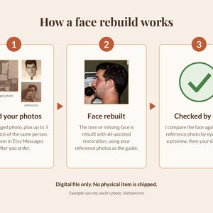 Damaged Face Photo Restoration, Face Rebuilt from Your Reference Photos, Severe Damage Photo Repair, Digital File image 2