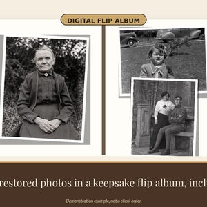 May include: A digital flip album featuring black and white photographs. The left page shows a portrait of an older person. The right page displays two photos: one of a child and one of a couple. Text reads: DIGITAL FLIP ALBUM and Your restored photos in a keepsake flip album, included.
