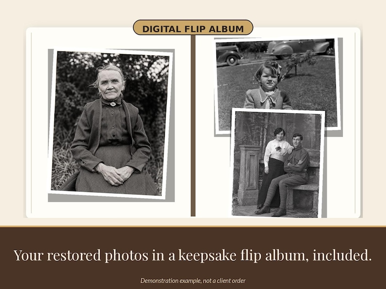 May include: A digital flip album featuring black and white photographs. The left page shows a portrait of an older person. The right page displays two photos: one of a child and one of a couple. Text reads: DIGITAL FLIP ALBUM and Your restored photos in a keepsake flip album, included.
