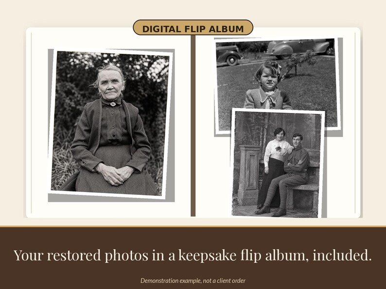 May include: A digital flip album displaying black and white photographs. The left page shows an older person seated. The right page features a child outdoors and a couple sitting on a stone bench. Text reads: DIGITAL FLIP ALBUM.