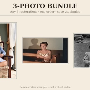 May include: A 3-photo bundle service display featuring the text 3-PHOTO BUNDLE and Any 3 restorations one order save vs. singles. It shows three distinct images: a child in a blue cardigan, a person in a floral dress, and a black and white photo.